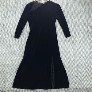 London Times Vintage Black Velvet Dress Size 6 Sheer Beaded Inlay Midi Length